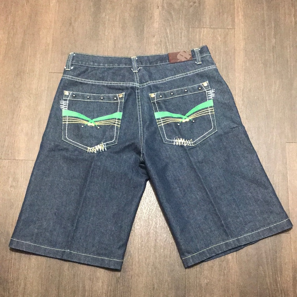 Y2K RK Bermuda Shorts Mens Size 38 Mid Rise Dark Wash Blue Denim Jean Shorts